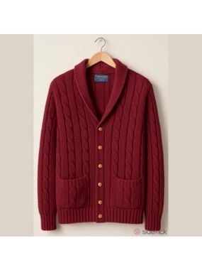 Charter Club Men's Cable Knit Shawl Collar Cardigan in Burgundy Wool Large
